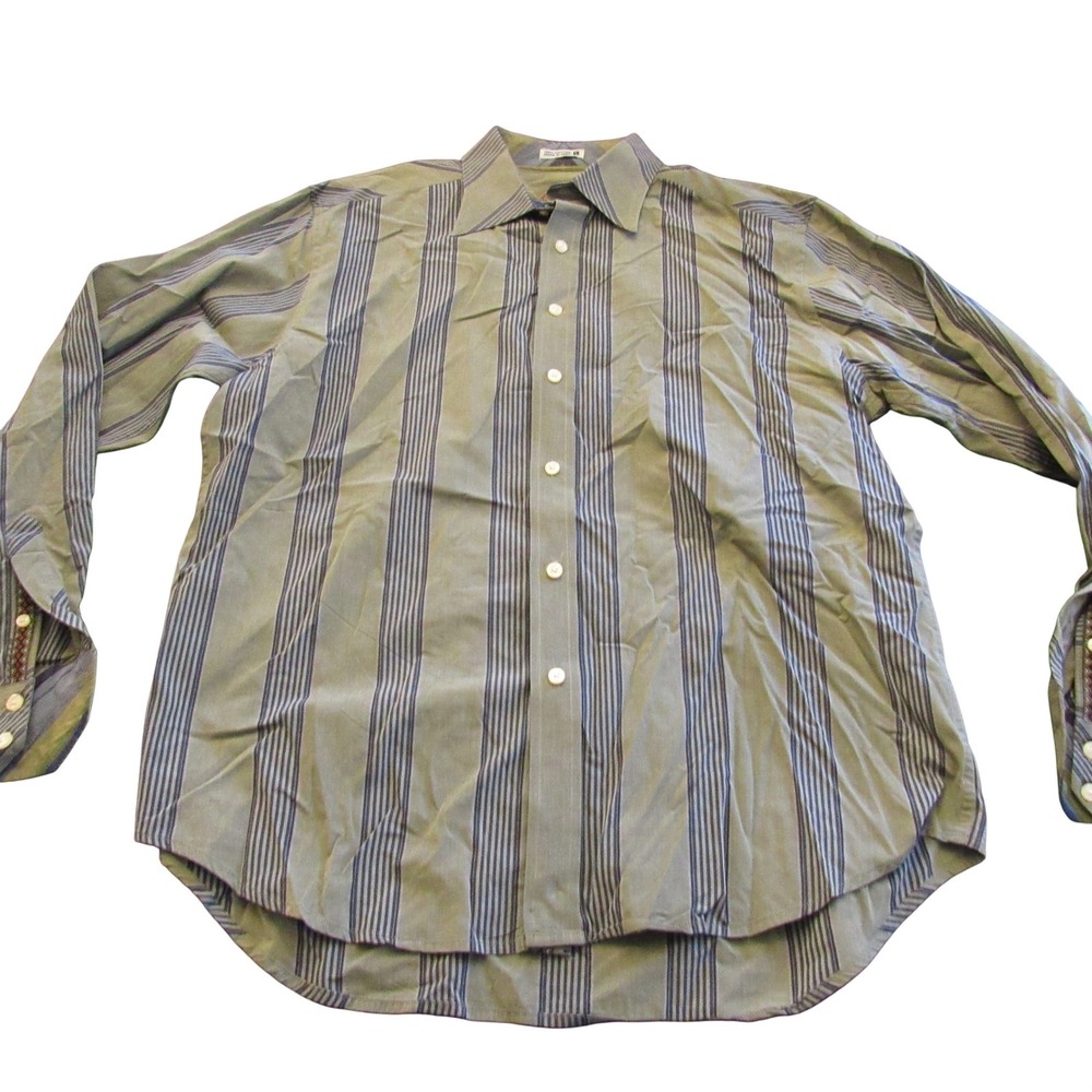 Robert Graham Mens Large Olive Green Navy Blue Striped Cotton Button Down Shirt‎